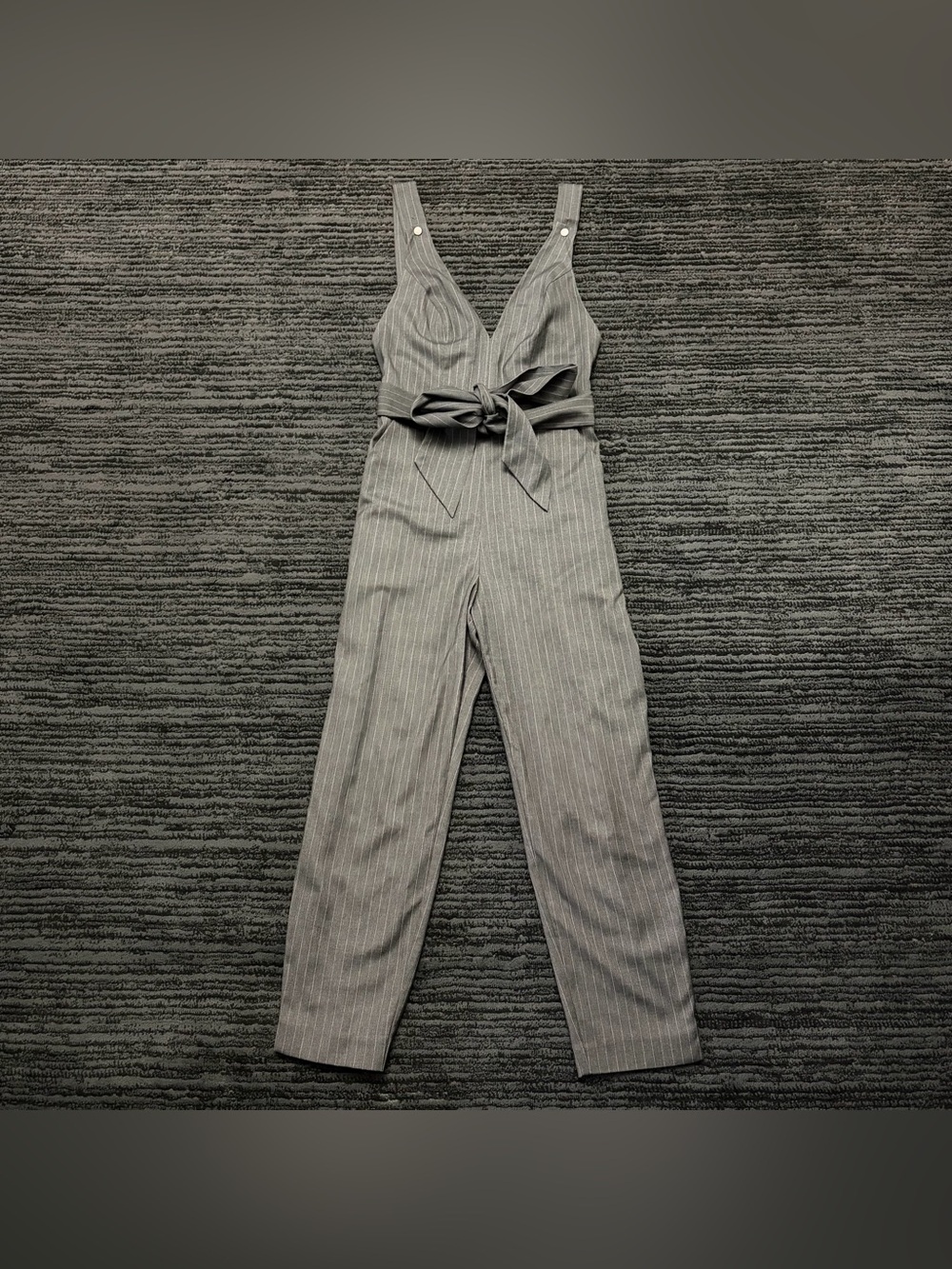 Y2K Bebe Pinstripe Tie Waist V Neck Jumpsuit